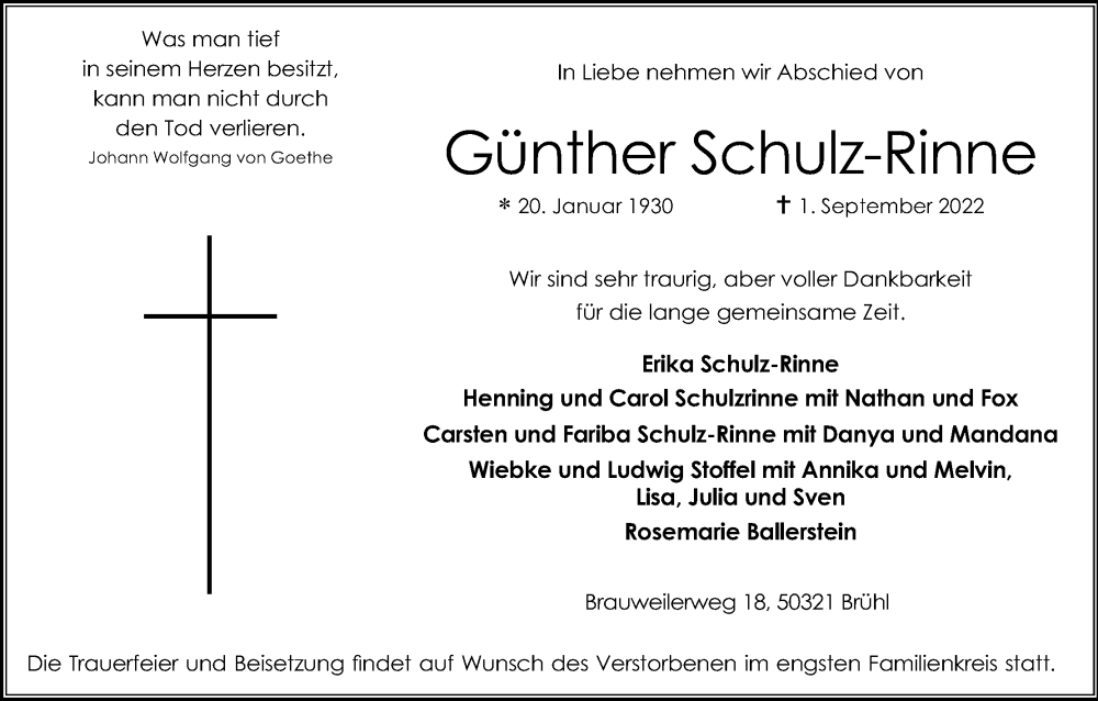  Traueranzeige für Günther Schulz-Rinne vom 10.09.2022 aus Kölner Stadt-Anzeiger / Kölnische Rundschau / Express