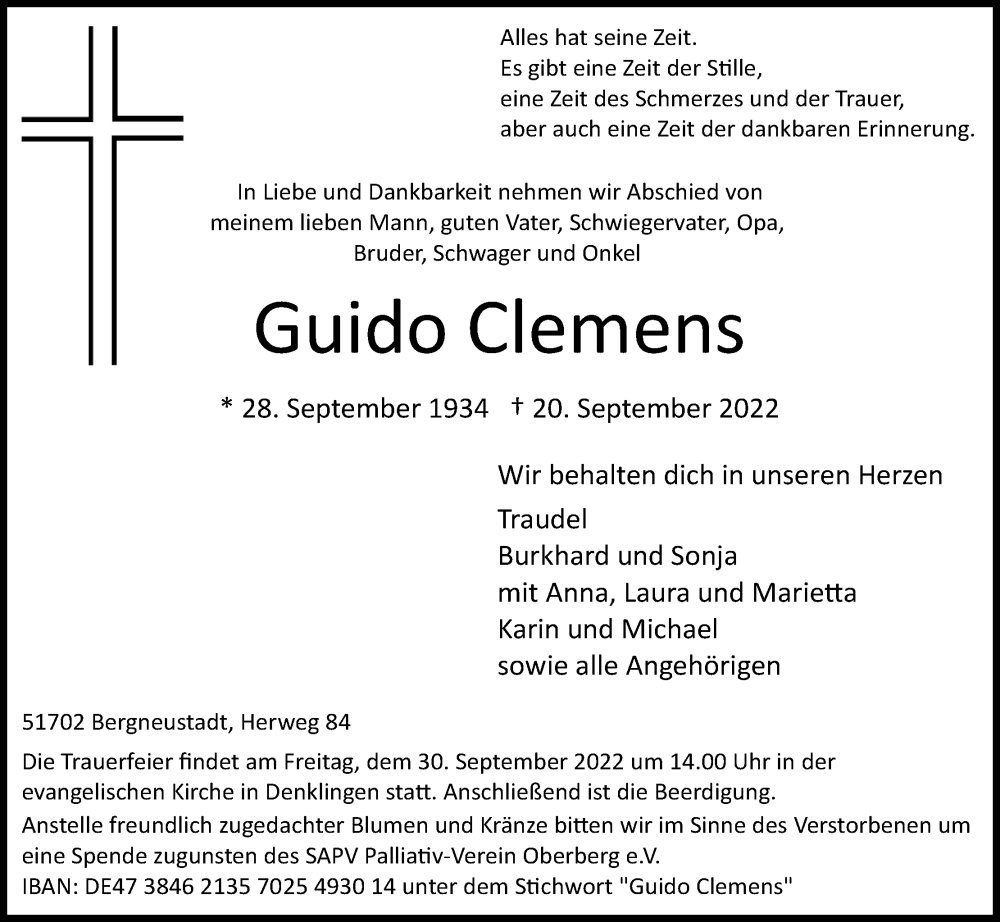  Traueranzeige für Guido Clemens vom 24.09.2022 aus Kölner Stadt-Anzeiger / Kölnische Rundschau / Express
