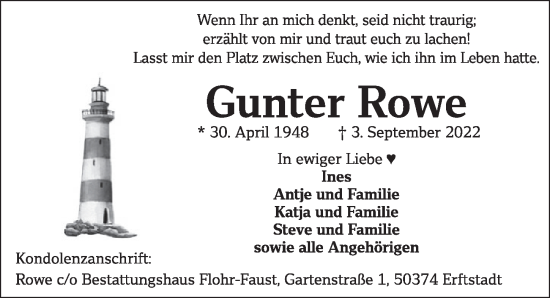 Anzeige von Gunter Rowe von  Werbepost 