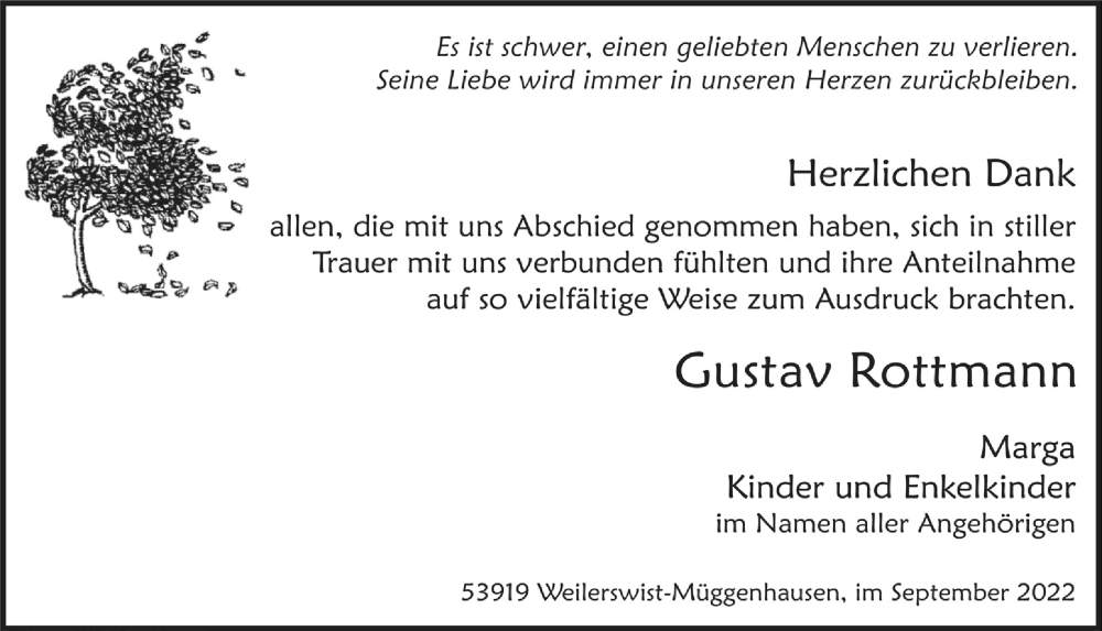  Traueranzeige für Gustav Rottmann vom 03.09.2022 aus  Blickpunkt Euskirchen 