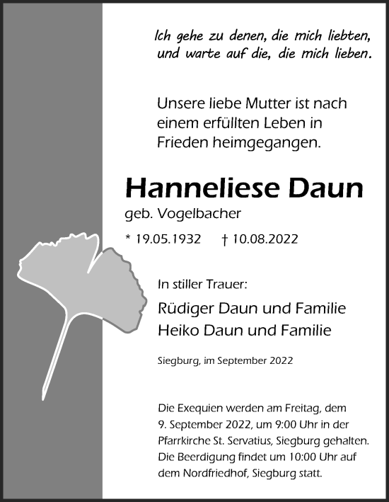 Anzeige von Hanneliese Daun von Kölner Stadt-Anzeiger / Kölnische Rundschau / Express