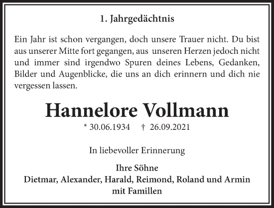 Anzeige von Hannelore Vollmann von  Schaufenster/Blickpunkt 