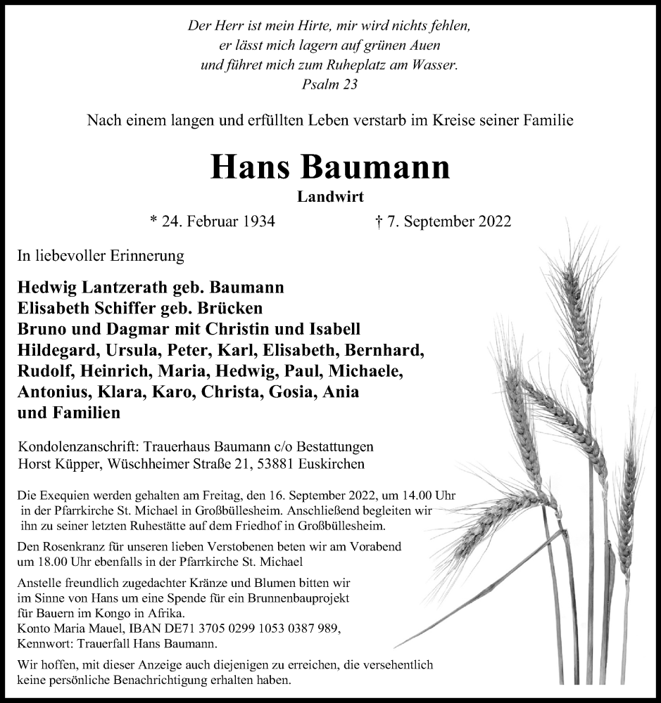  Traueranzeige für Hans Baumann vom 10.09.2022 aus Kölner Stadt-Anzeiger / Kölnische Rundschau / Express
