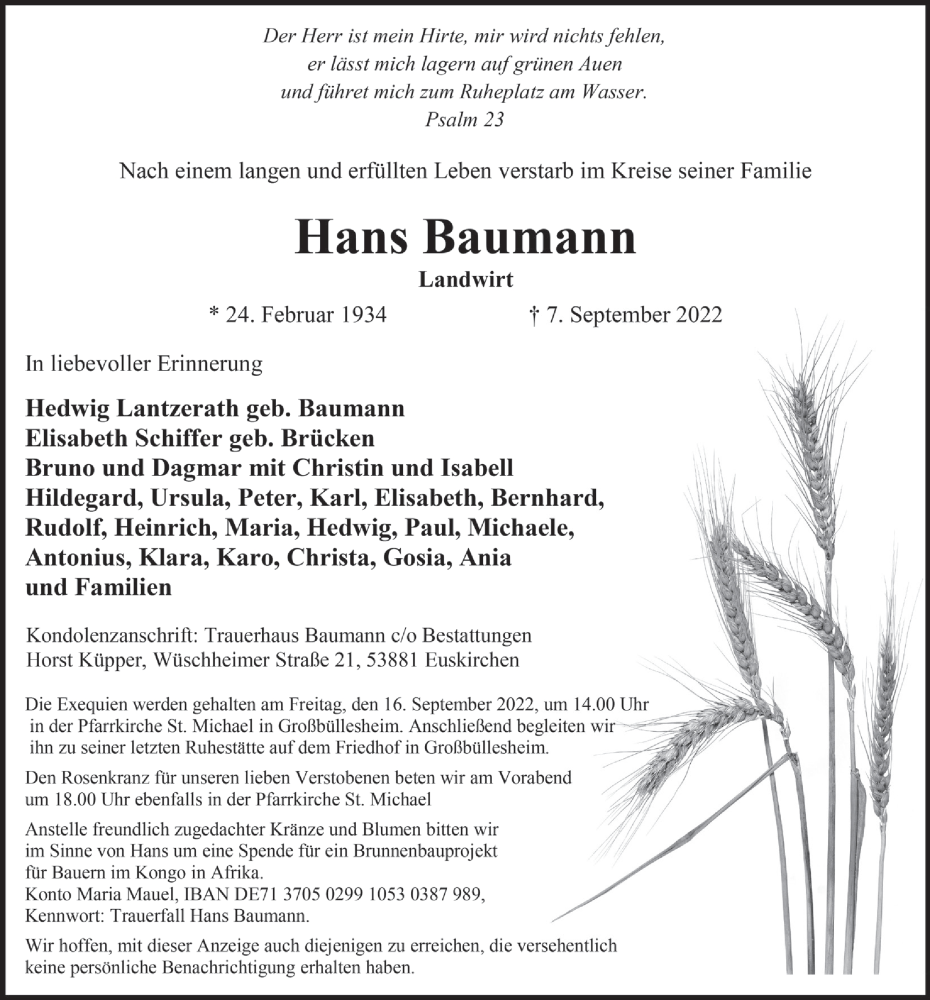  Traueranzeige für Hans Baumann vom 10.09.2022 aus  Blickpunkt Euskirchen 