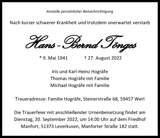 Anzeige von Hans-Bernd Tönges von Kölner Stadt-Anzeiger / Kölnische Rundschau / Express
