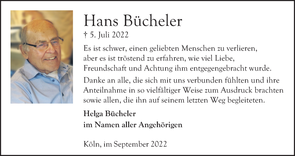  Traueranzeige für Hans Bücheler vom 10.09.2022 aus Kölner Stadt-Anzeiger / Kölnische Rundschau / Express