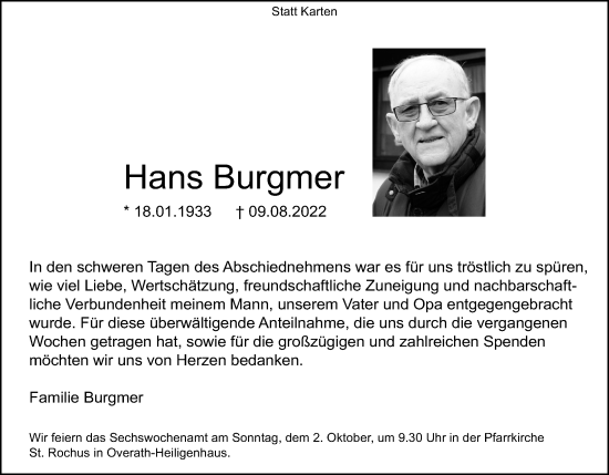 Anzeige von Hans Burgmer von Kölner Stadt-Anzeiger / Kölnische Rundschau / Express