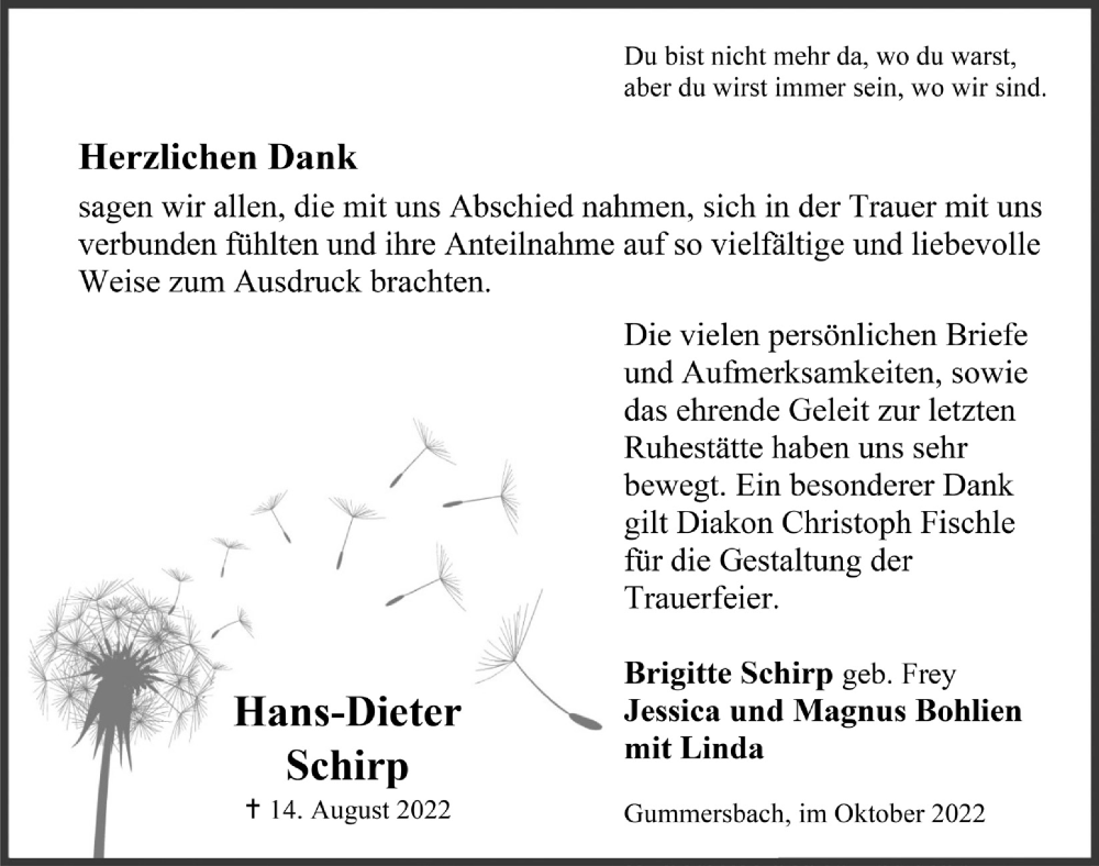  Traueranzeige für Hans-Dieter Schirp vom 30.09.2022 aus  Anzeigen Echo 