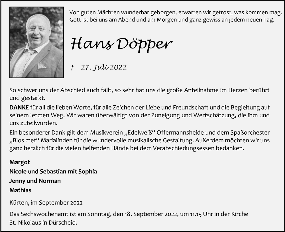  Traueranzeige für Hans Döpper vom 10.09.2022 aus Kölner Stadt-Anzeiger / Kölnische Rundschau / Express