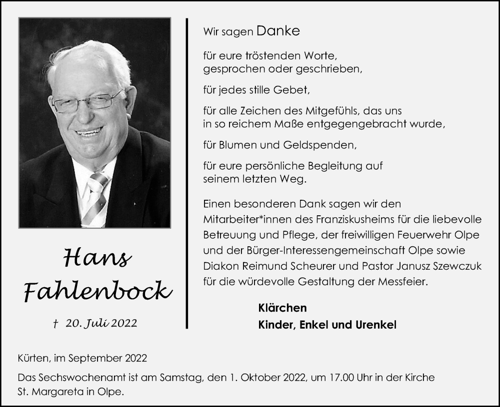  Traueranzeige für Hans Fahlenbock vom 24.09.2022 aus Kölner Stadt-Anzeiger / Kölnische Rundschau / Express