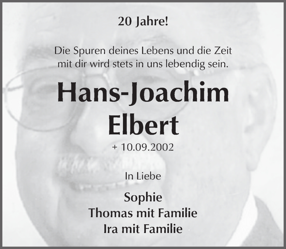  Traueranzeige für Hans-Joachim Elbert vom 09.09.2022 aus  Schlossbote/Werbekurier 