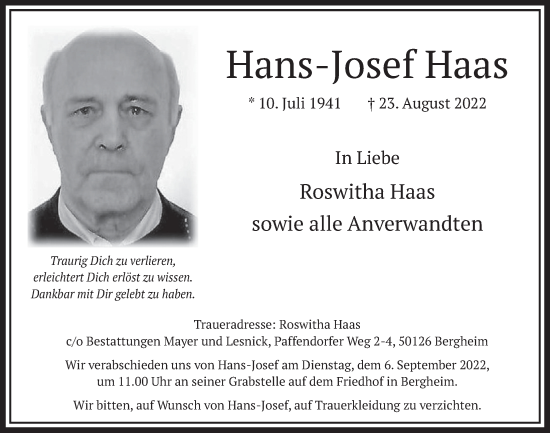 Anzeige von Hans-Josef Haas von  Werbepost 