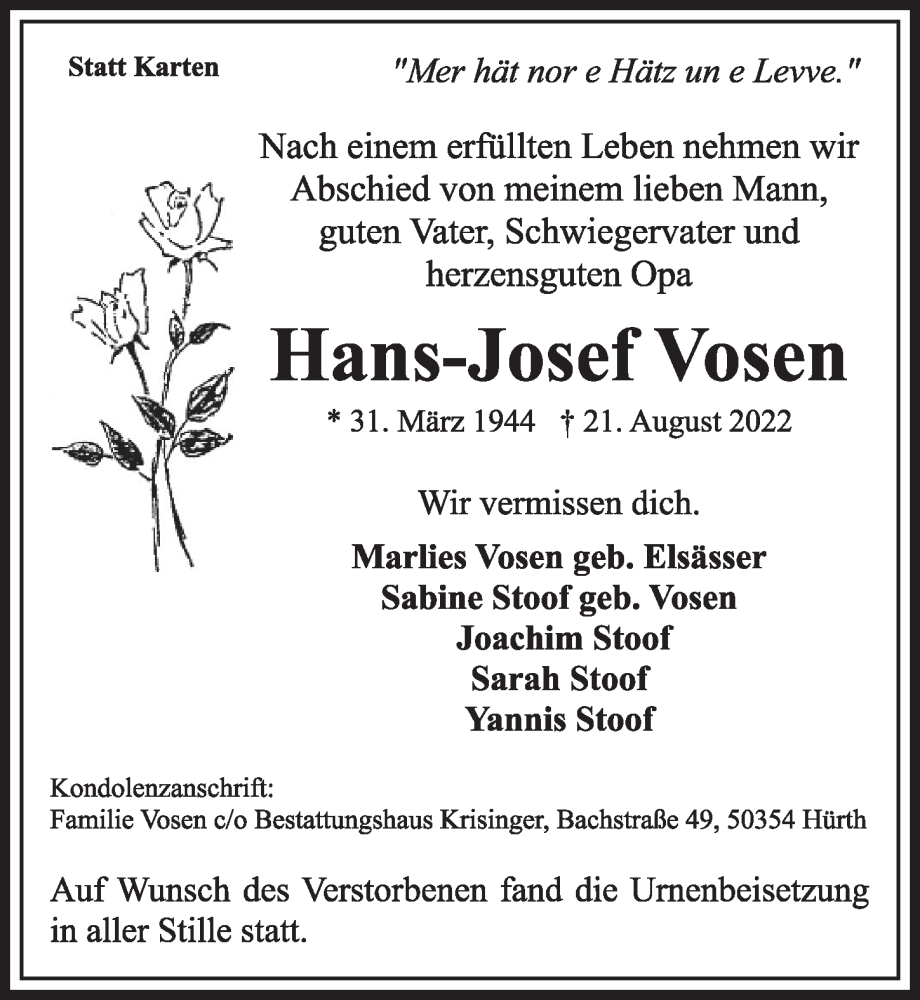  Traueranzeige für Hans-Josef Vosen vom 02.09.2022 aus  Wochenende 