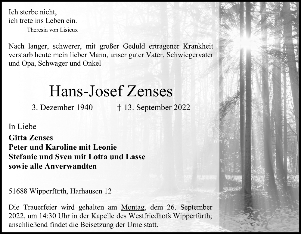  Traueranzeige für Hans-Josef Zenses vom 20.09.2022 aus Kölner Stadt-Anzeiger / Kölnische Rundschau / Express