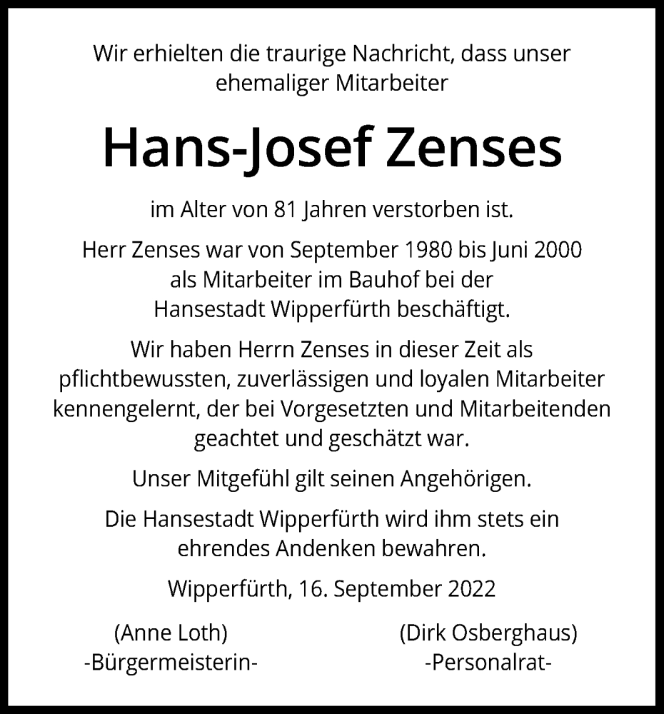 Traueranzeige für Hans-Josef Zenses vom 24.09.2022 aus Kölner Stadt-Anzeiger / Kölnische Rundschau / Express