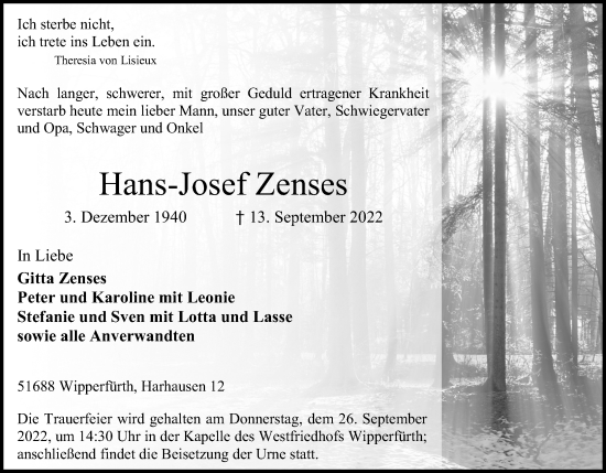 Anzeige von Hans-Josef Zenses von Kölner Stadt-Anzeiger / Kölnische Rundschau / Express