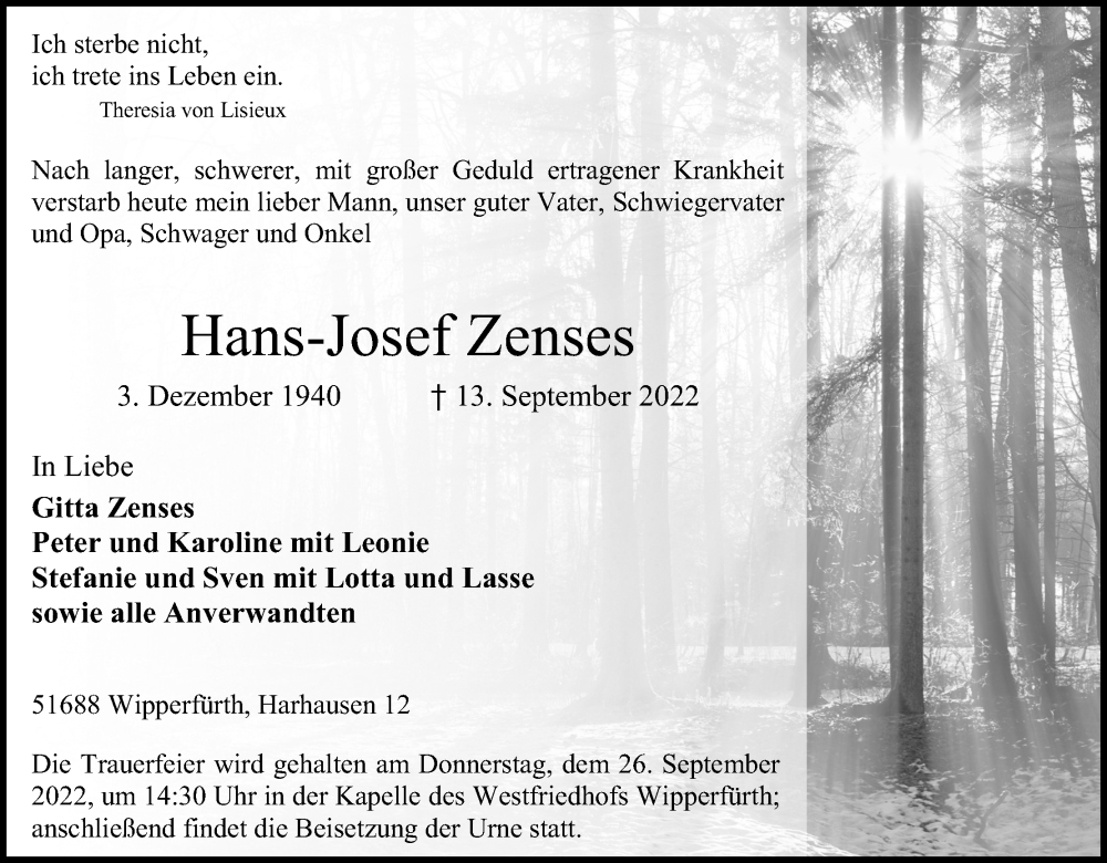  Traueranzeige für Hans-Josef Zenses vom 17.09.2022 aus Kölner Stadt-Anzeiger / Kölnische Rundschau / Express