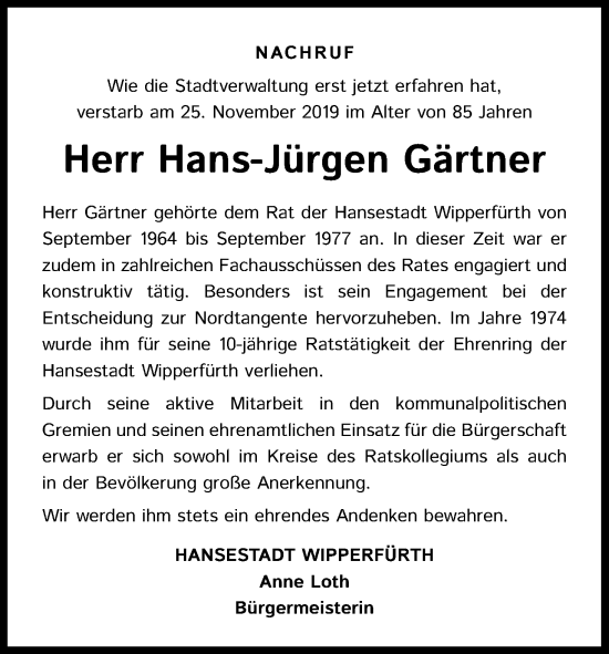 Anzeige von Hans-Jürgen Gärtner von Kölner Stadt-Anzeiger / Kölnische Rundschau / Express