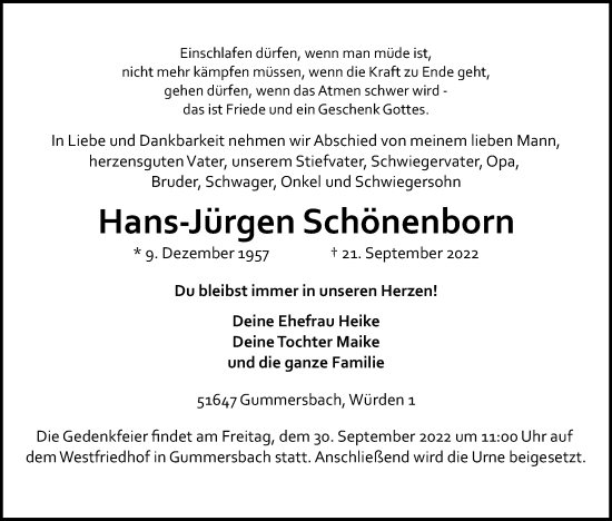 Anzeige von Hans-Jürgen Schönenborn von Kölner Stadt-Anzeiger / Kölnische Rundschau / Express