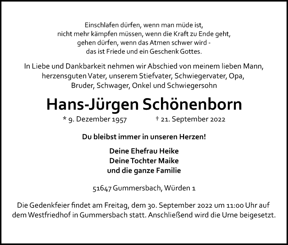  Traueranzeige für Hans-Jürgen Schönenborn vom 26.09.2022 aus Kölner Stadt-Anzeiger / Kölnische Rundschau / Express
