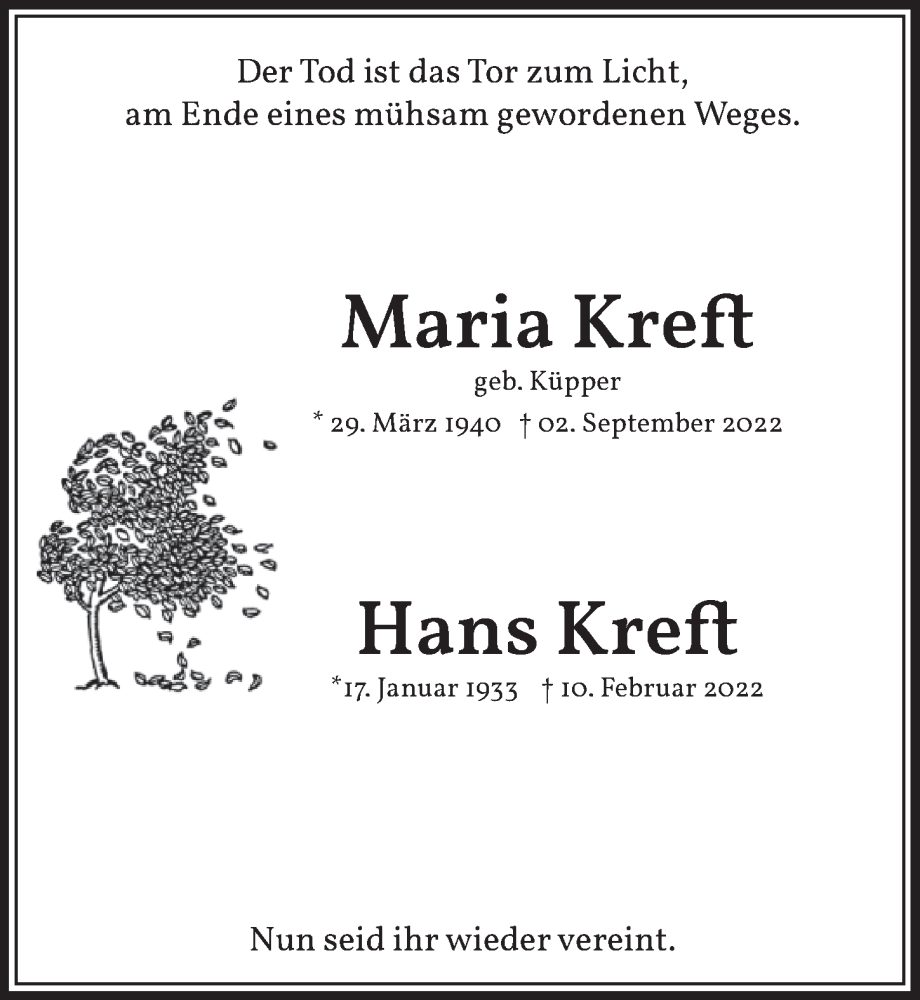  Traueranzeige für Hans Kreft vom 09.09.2022 aus  Wochenende 