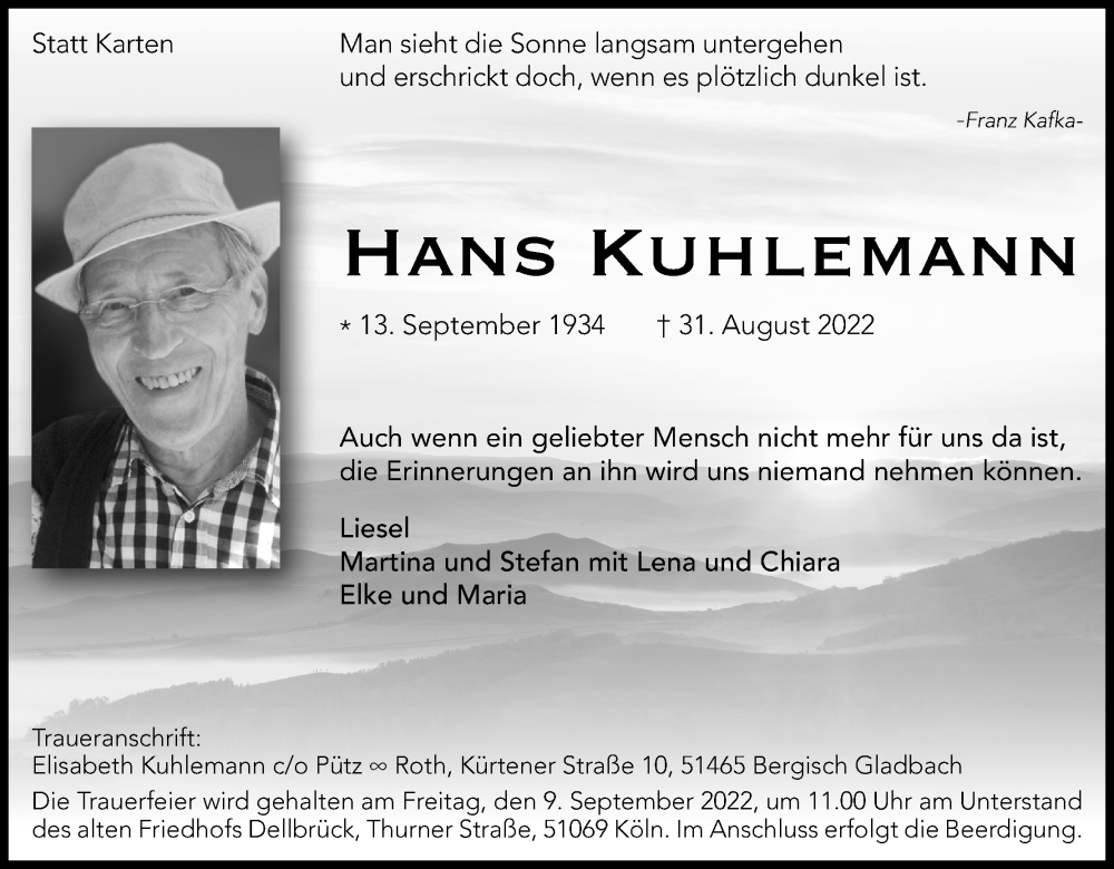  Traueranzeige für Hans Kuhlemann vom 03.09.2022 aus Kölner Stadt-Anzeiger / Kölnische Rundschau / Express