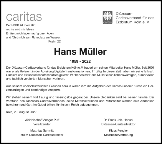Anzeige von Hans Müller von Kölner Stadt-Anzeiger / Kölnische Rundschau / Express