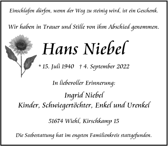 Anzeige von Hans Niebel von  Anzeigen Echo 