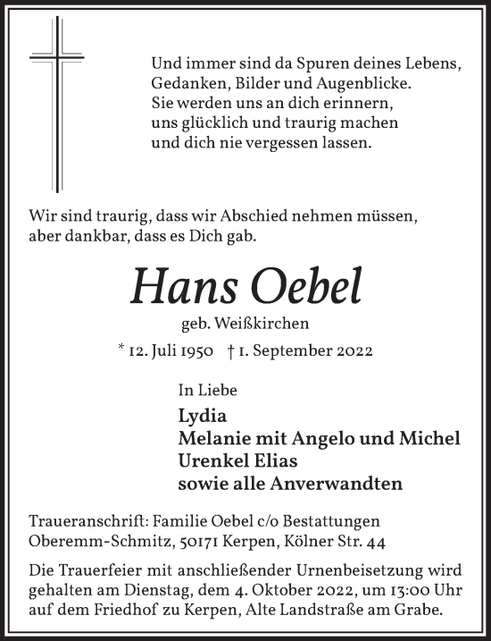 Anzeige von Hans Oebel von  Werbepost 