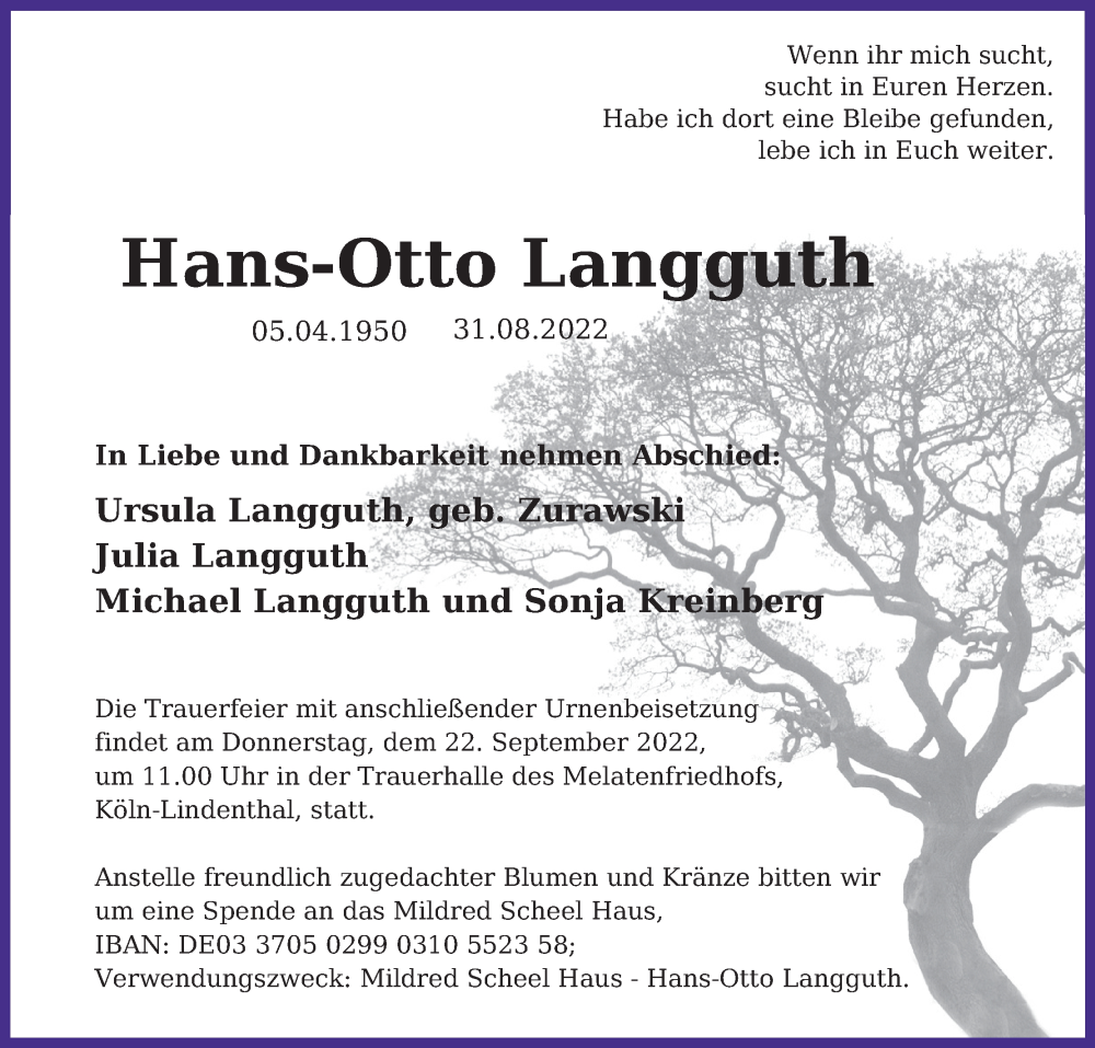  Traueranzeige für Hans-Otto Langguth vom 17.09.2022 aus Kölner Stadt-Anzeiger / Kölnische Rundschau / Express