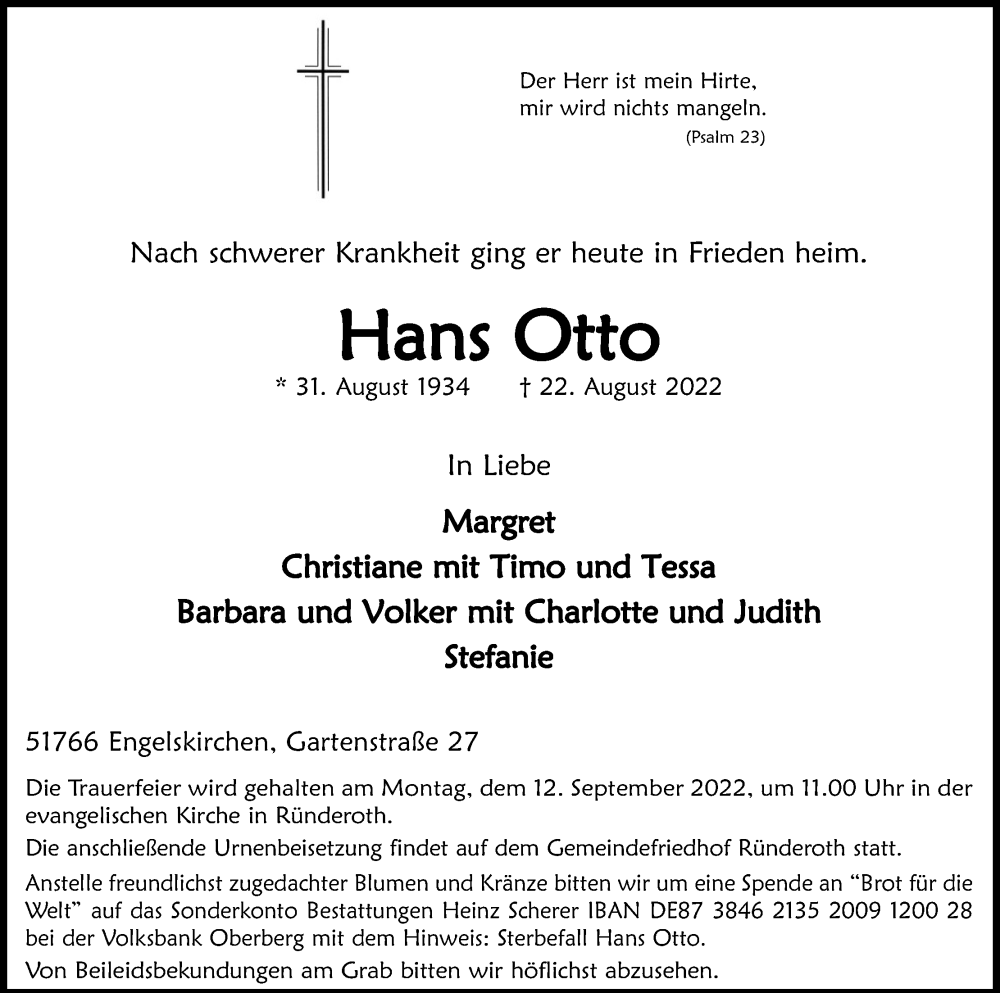  Traueranzeige für Hans Otto vom 03.09.2022 aus Kölner Stadt-Anzeiger / Kölnische Rundschau / Express