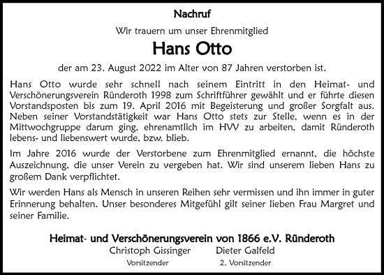 Anzeige von Hans Otto von  Anzeigen Echo 