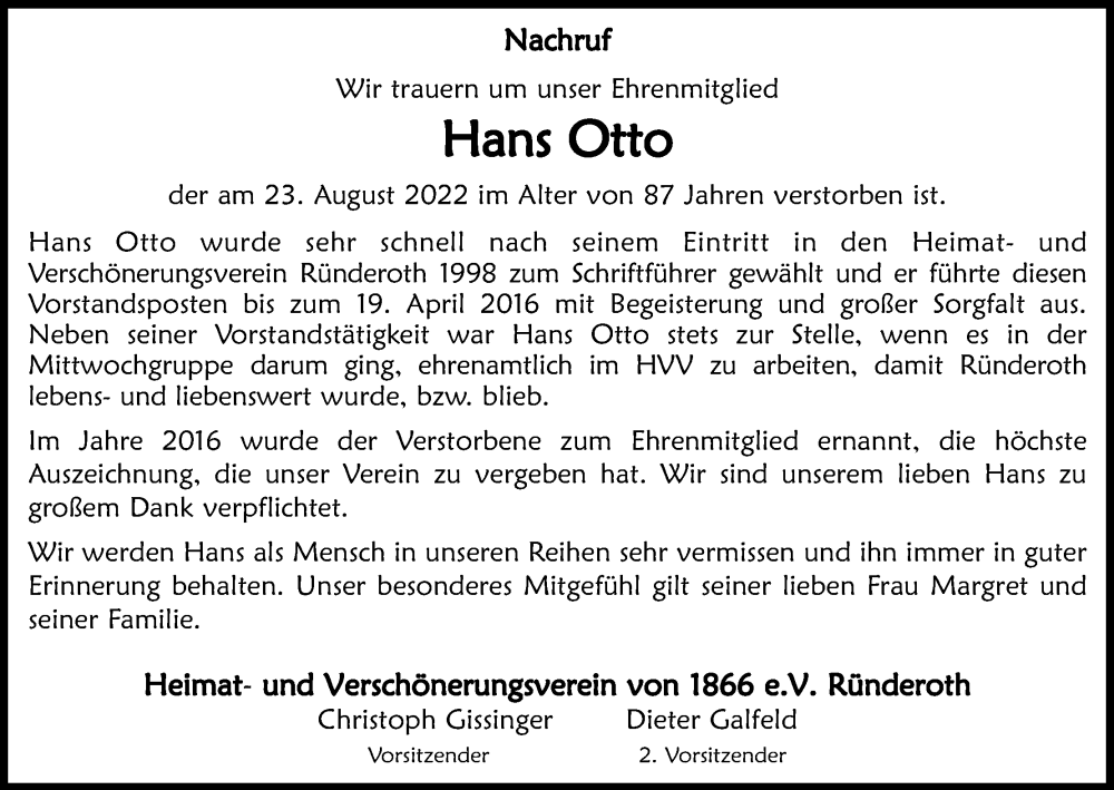  Traueranzeige für Hans Otto vom 03.09.2022 aus Kölner Stadt-Anzeiger / Kölnische Rundschau / Express