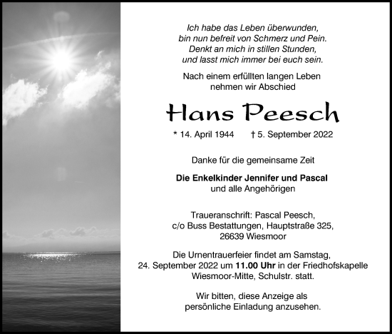 Anzeige von Hans Peesch von Kölner Stadt-Anzeiger / Kölnische Rundschau / Express