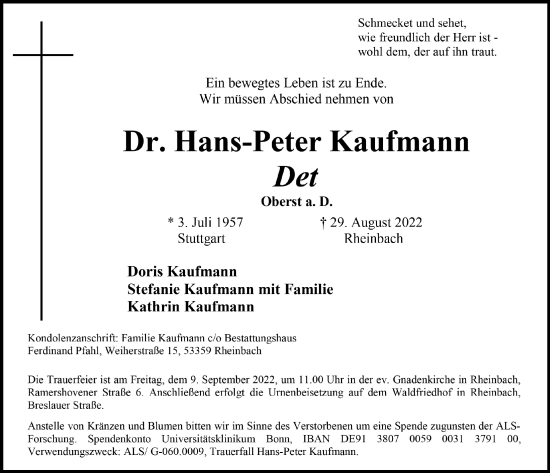 Anzeige von Hans-Peter Kaufmann von  Schaufenster/Blickpunkt 