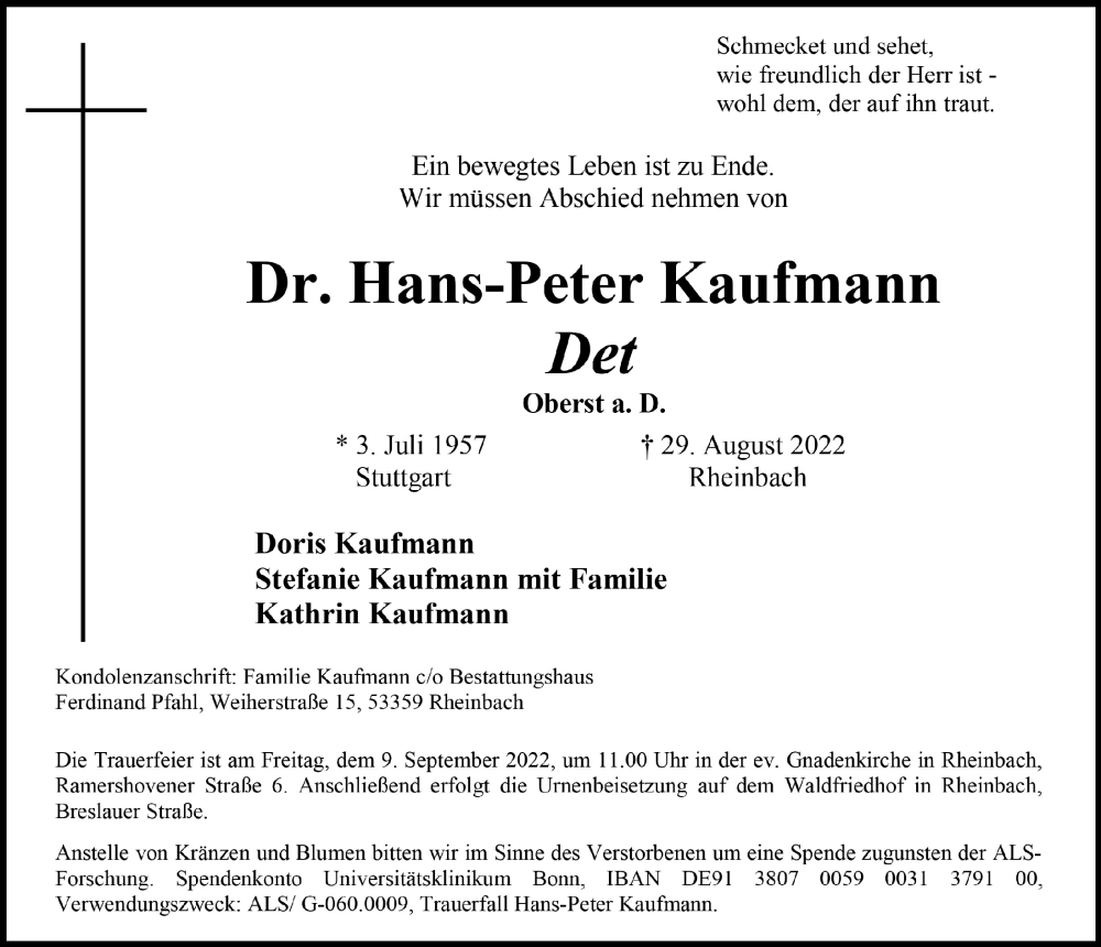  Traueranzeige für Hans-Peter Kaufmann vom 02.09.2022 aus  Schaufenster/Blickpunkt 