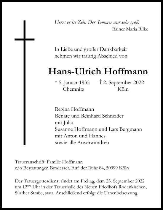 Anzeige von Hans-Ulrich Hoffmann von Kölner Stadt-Anzeiger / Kölnische Rundschau / Express