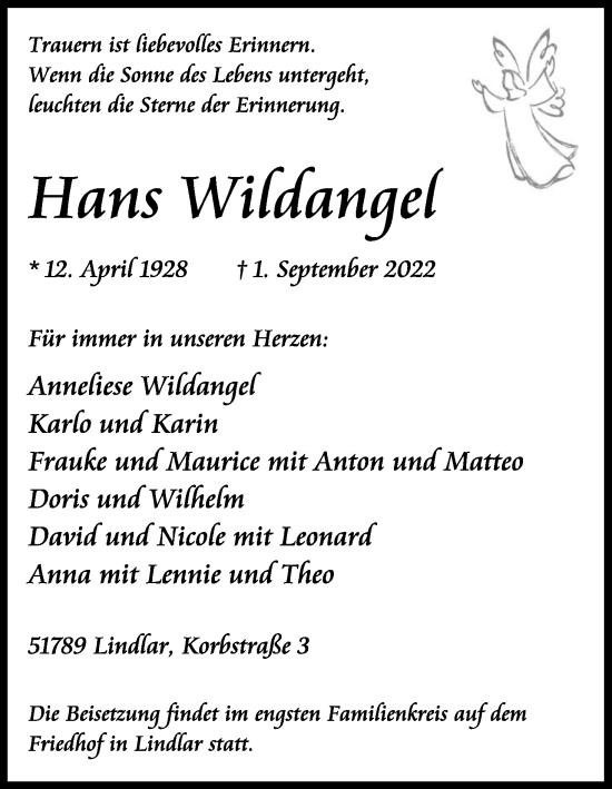 Anzeige von Hans Wildangel von Kölner Stadt-Anzeiger / Kölnische Rundschau / Express