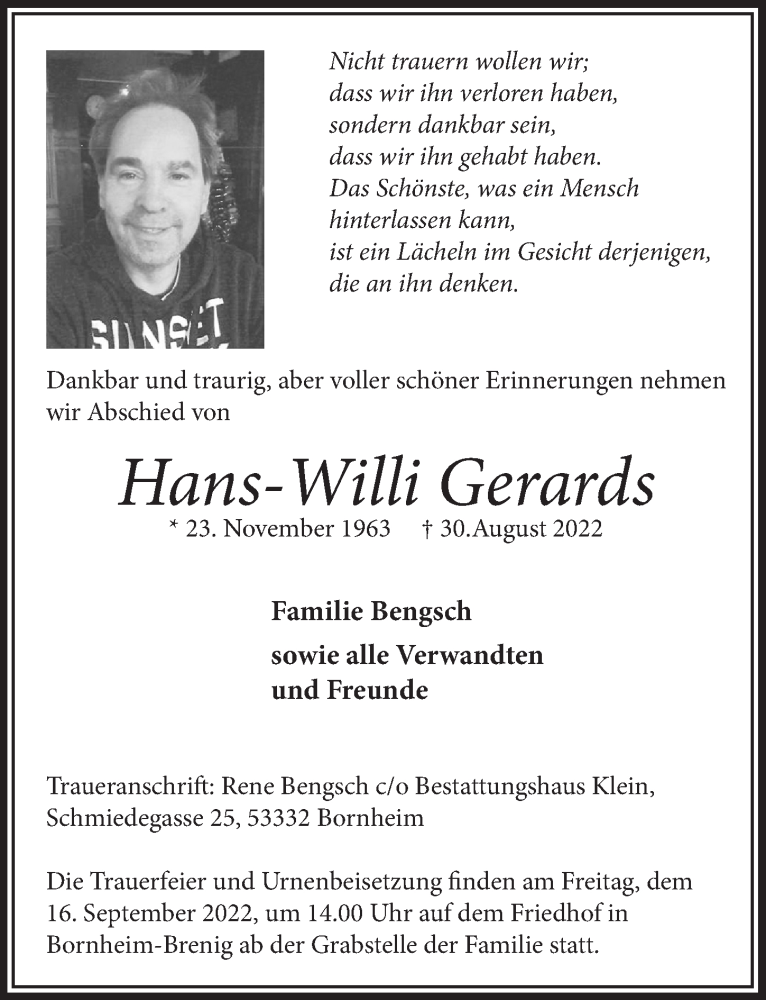  Traueranzeige für Hans-Willi Gerards vom 09.09.2022 aus  Schaufenster/Blickpunkt 