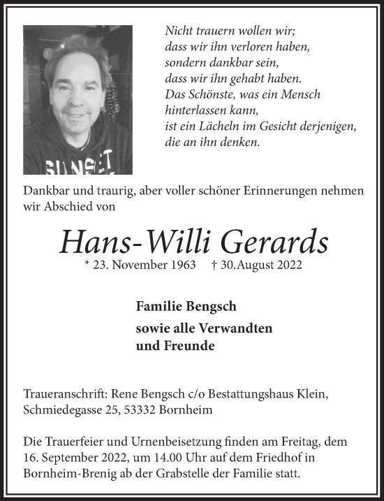 Anzeige von Hans-Willi Gerards von  Schaufenster/Blickpunkt 