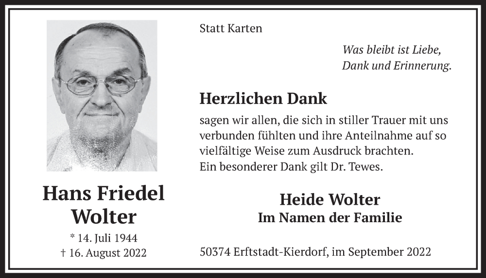  Traueranzeige für Hans Wolter vom 23.09.2022 aus  Werbepost 