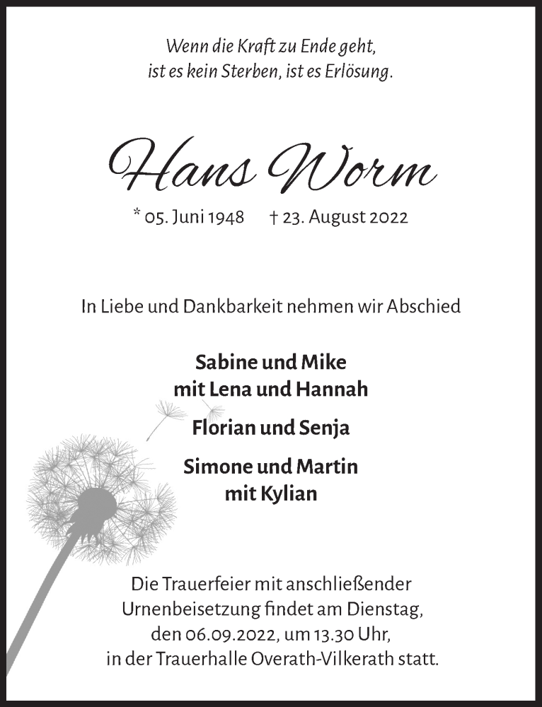  Traueranzeige für Hans Worm vom 02.09.2022 aus  Bergisches Handelsblatt 