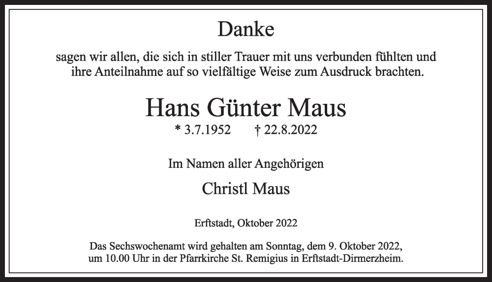  Traueranzeige für Hans Günter Maus vom 30.09.2022 aus  Werbepost 