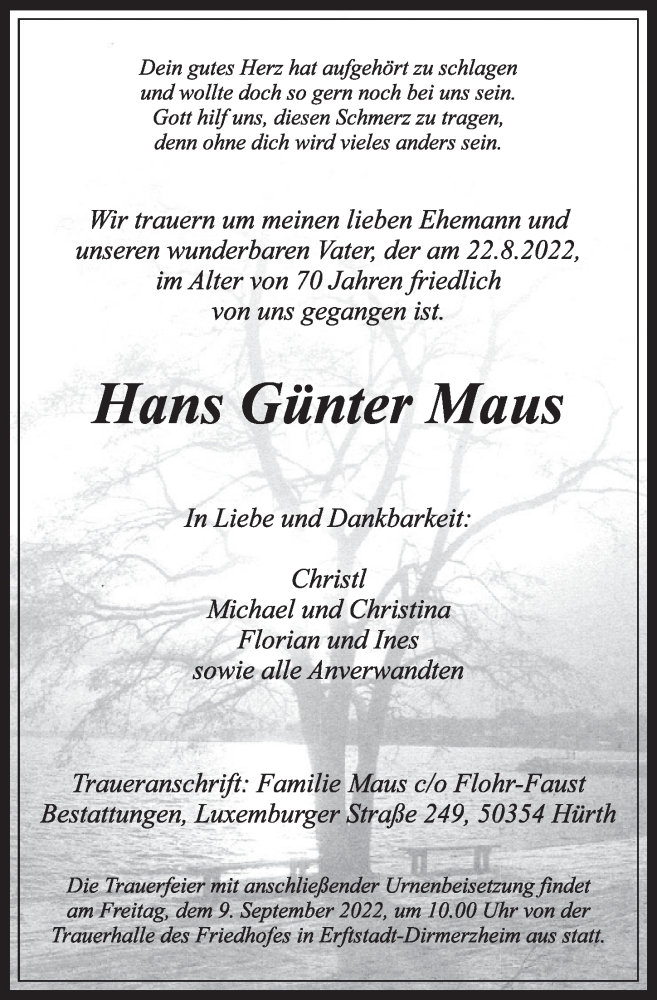  Traueranzeige für Hans Günter Maus vom 02.09.2022 aus  Werbepost 