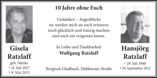Anzeige von Hansjörg Ratzlaff von  Bergisches Handelsblatt 