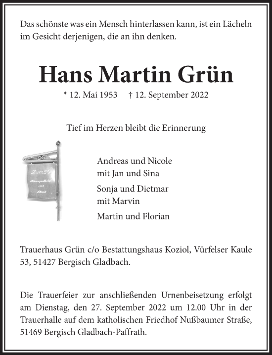 Anzeige von Hans Martin Grün von  Bergisches Handelsblatt 