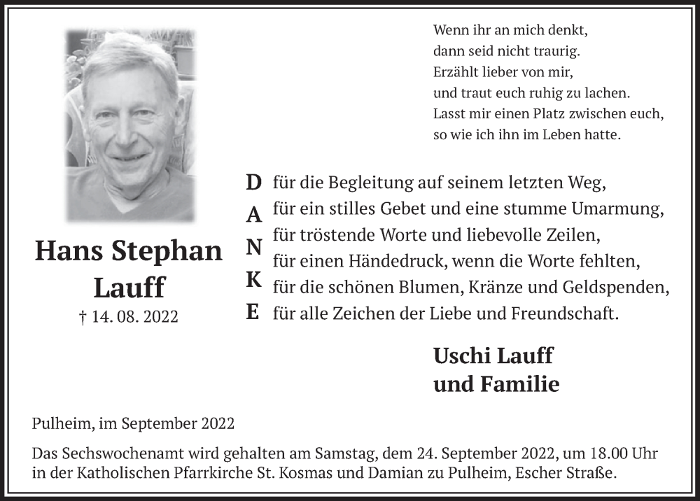  Traueranzeige für Hans Stephan Lauff vom 16.09.2022 aus  Wochenende 