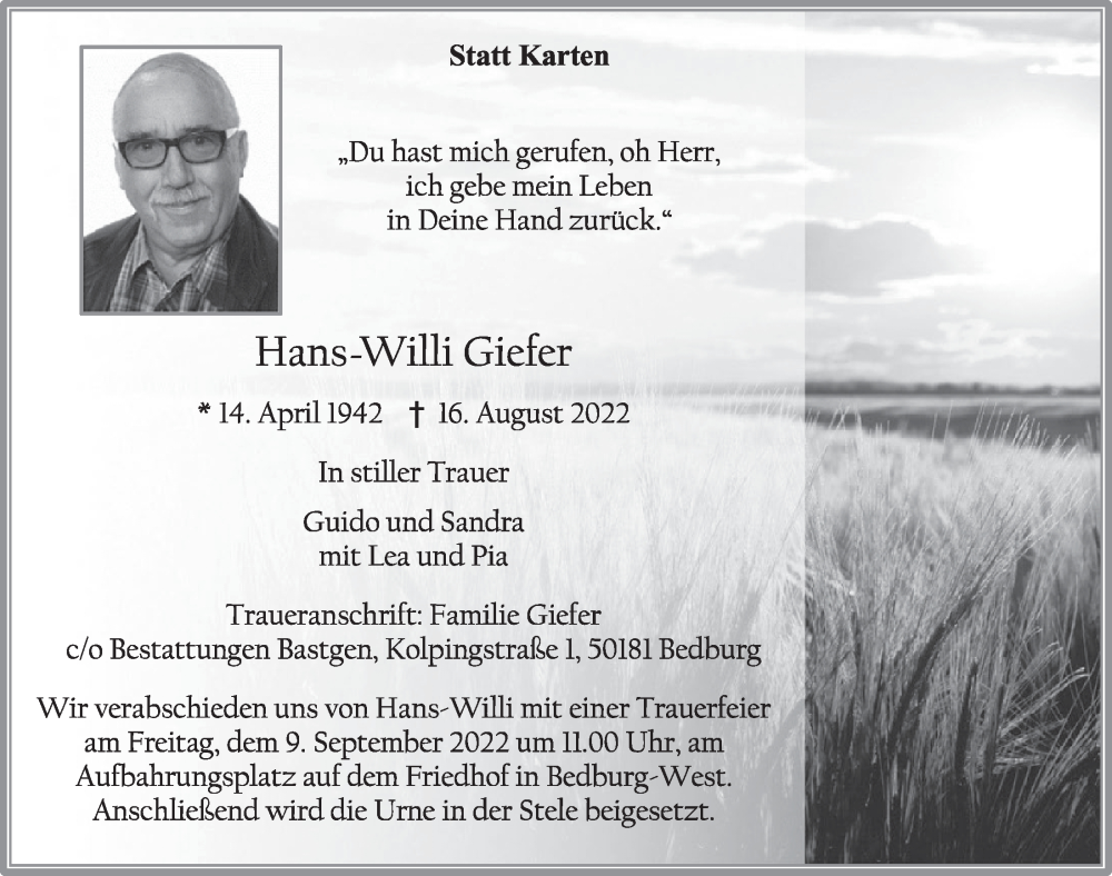  Traueranzeige für Hans Willi Giefer vom 02.09.2022 aus  Werbepost 
