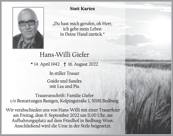 Anzeige von Hans Willi Giefer von  Werbepost 