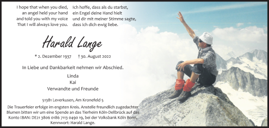 Anzeige von Harald Lange von Kölner Stadt-Anzeiger / Kölnische Rundschau / Express